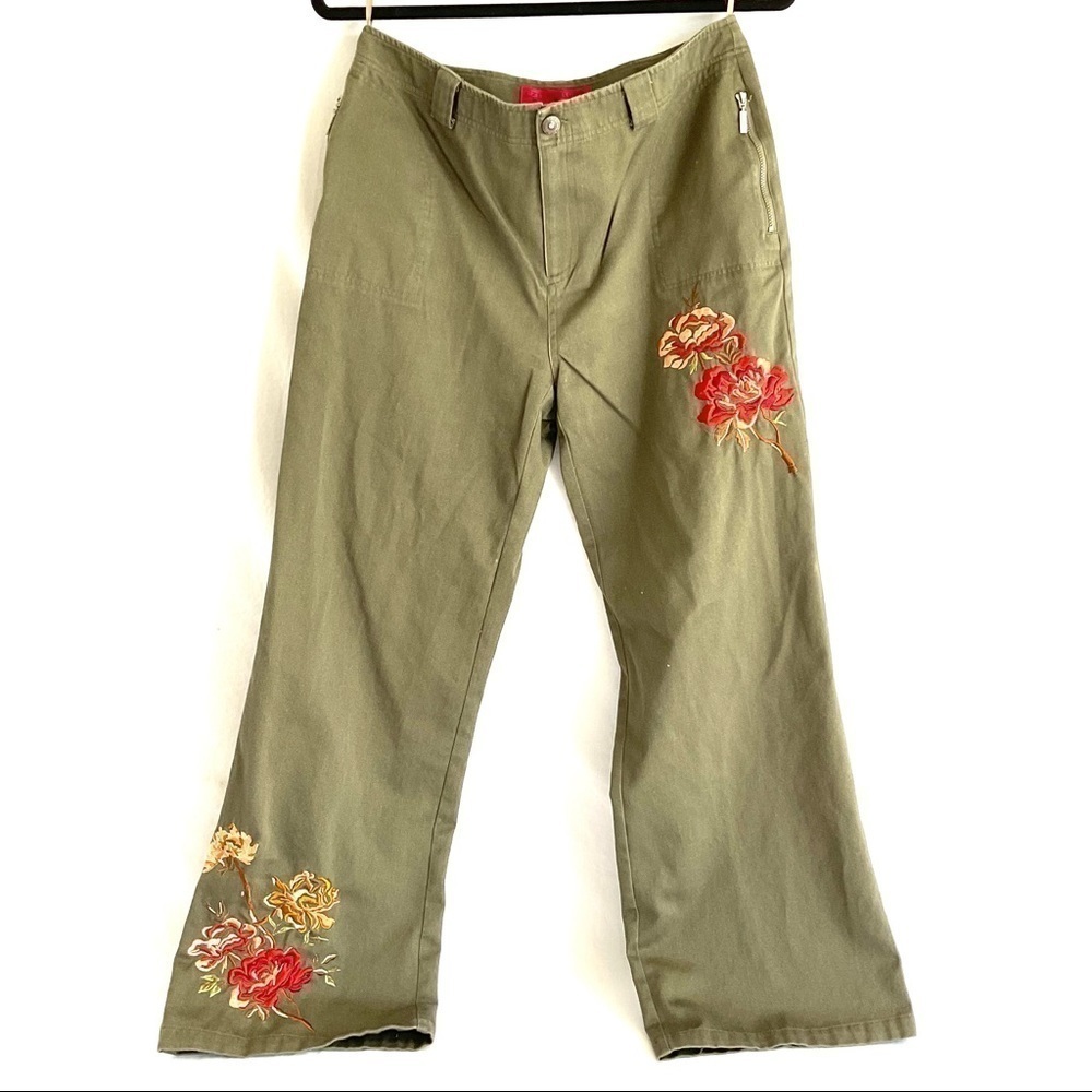 embroidered wide leg jeans army green
